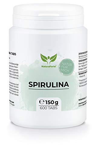 NaturaForte Espirulina en Tabetas de - 600 Tabletas de espirulina de alta dosis, Espirulina en polvo de algas sin aditivos, Vegana, Vitamina B12 y K, Superfood, Probado en laboratorio en Alemania