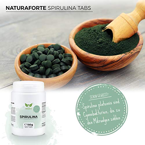 NaturaForte Espirulina en Tabetas de - 600 Tabletas de espirulina de alta dosis, Espirulina en polvo de algas sin aditivos, Vegana, Vitamina B12 y K, Superfood, Probado en laboratorio en Alemania