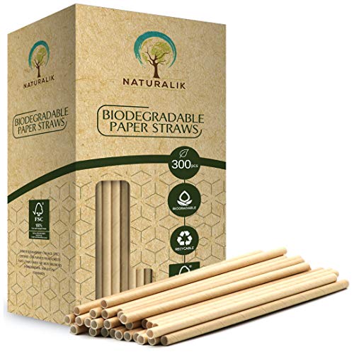 Naturalik 300 Pajitas de Papel Biodegradables de Papel Kraft Extra Resistente. Color Marrón. 20cm. 100% Compostable . Libre de BPA y plastico.