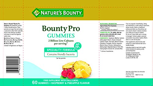 Nature's Bounty. Bounty Pro Gummies. Contiene bacterias beneficiosas contribuyendo a una flora intestinal equilibrada. Aporta 2000 millones de microorganismos viables por gominola -60 unidades