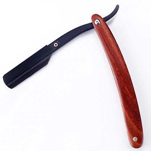 Navaja Afeitar Barbero + 20 Cuchillas de Acero Inoxidable,HTBAKOI Navajas de Barbero Hombre Profesional con Mango de Madera Palisandro [Funda de Cuero Incluida]