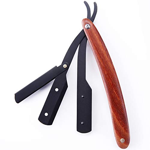 Navaja Afeitar Barbero + 20 Cuchillas de Acero Inoxidable,HTBAKOI Navajas de Barbero Hombre Profesional con Mango de Madera Palisandro [Funda de Cuero Incluida]