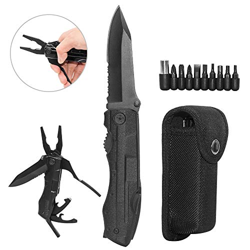 Navaja Multiuso de Bolsillo 5-en-1 VINSIC - Navaja Plegable Multifunción Kit de Alicates, Llavero en Acero Inoxidable en Color Negro Duradero Ideal para Supervivencia al Aire Libre/Camping/Pesca/Caza