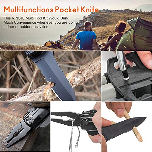 Navaja Multiuso de Bolsillo 5-en-1 VINSIC - Navaja Plegable Multifunción Kit de Alicates, Llavero en Acero Inoxidable en Color Negro Duradero Ideal para Supervivencia al Aire Libre/Camping/Pesca/Caza