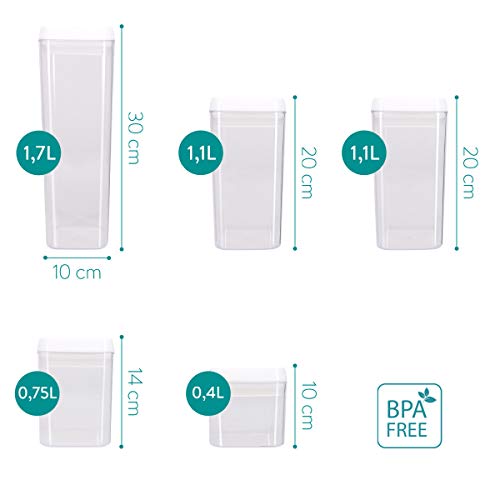 Navaris Juego de 5 recipientes herméticos para Alimentos - Botes para almacenar Pasta Cereales arroz Galletas - Contenedores Transparentes sin BPA