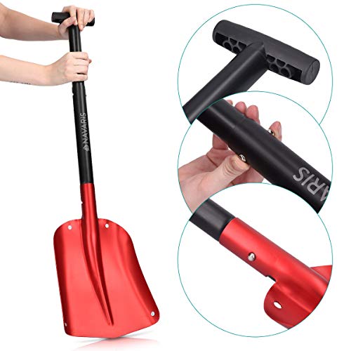 Navaris Pala de Nieve Plegable - Quitanieves con Mango Ajustable 80CM y Bolsa de Transporte - Pala para Quitar Nieve de Aluminio en Rojo y Negro