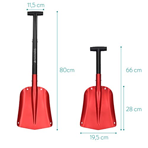 Navaris Pala de Nieve Plegable - Quitanieves con Mango Ajustable 80CM y Bolsa de Transporte - Pala para Quitar Nieve de Aluminio en Rojo y Negro