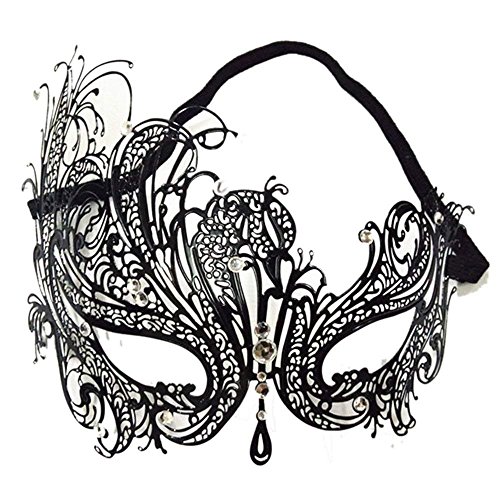 Ndier - Máscara veneciana de mujer con diamante de metal fino, máscara de encaje sexy de Halloween para fiestas de máscaras, bodas, Mardi Gras, Carnaval y danza veneciana, color negro