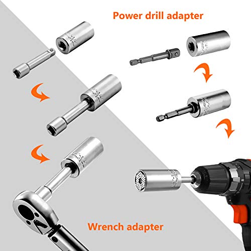 Newder-eu Universal Llave de Vaso, 3Pcs en 1 Multifunción Herramientas 7-19mm, Vaso Universal con Acero al Cromo Vanadio, 1 x Portapunta, 1x Adaptador para Taladro Eléctrico y Atornillador