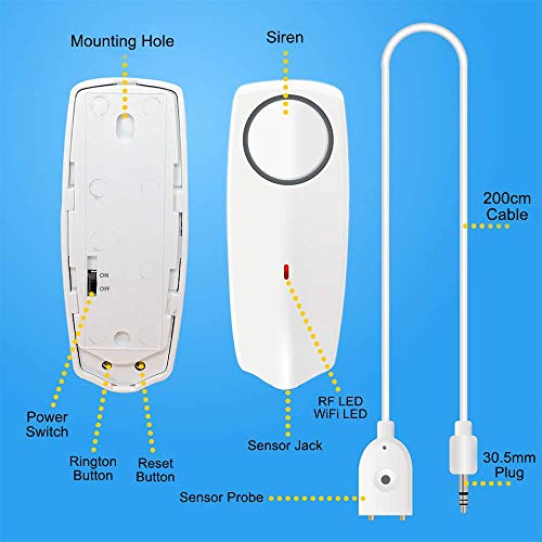 Newgoal Sensor de alarma de agua con detector de fugas WiFi de 60dB, alarma de derrame, fuga de monitoreo remoto para bomba de agua en el sótano, notificación de la aplicación TUYA/Smart Life