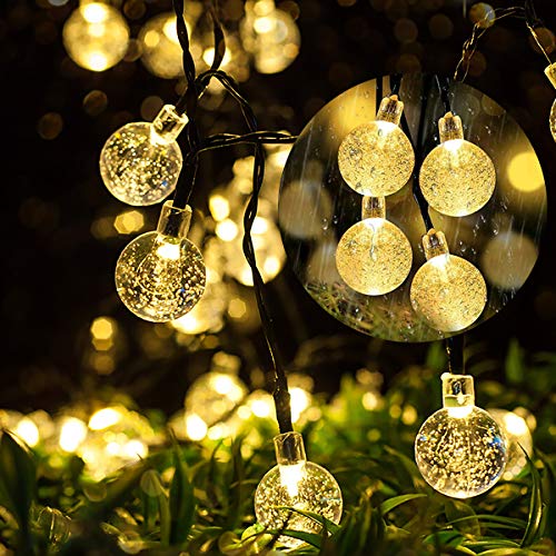 NEWYANG Solar Bola de Cristal Luz, 35Ft 60LEDs Guirnaldas Luces Exterior Solares, 8 Modos Impermeable Cadena de luces Solar Exterior para Jardín, Boda, Fiesta, Árbol de Navidad (Blanco Cálido)