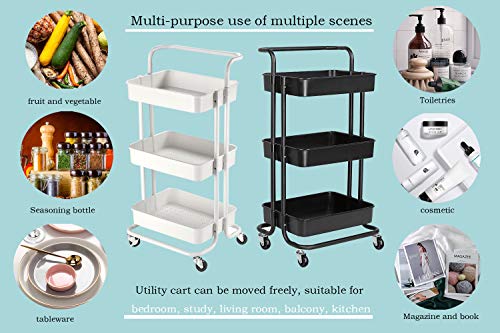 NiDream Carrito de Cocina de 3 Niveles con Ruedas, Carro de Almacenaje con Asa, Carrito Auxiliar Multifuncional para Baño, Cocina, Oficina(Blanco)