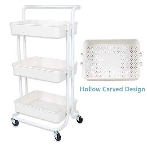 NiDream Carrito de Cocina de 3 Niveles con Ruedas, Carro de Almacenaje con Asa, Carrito Auxiliar Multifuncional para Baño, Cocina, Oficina(Blanco)