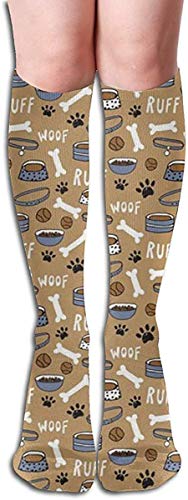 Nifdhkw Cute Dog Bone Bowl Woof Paw Print Sport Compression Socks,Athletic Socks,Long Tube Stockings 50Cm/19.7 Inch