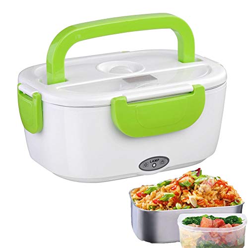 Nifogo Fiambrera Eléctrica Comida Térmico Lunch Box - 2 en 1 Fiambreras Bento Acero Inoxidable 12V / 220V con Cuchara y 2 Compartimentos para Coche Camion y Trabajo (Verde + Guante)