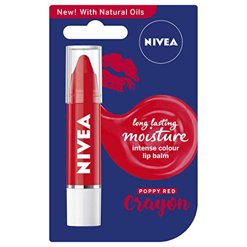 Nivea - Bálsamo labial Crayon Poppy Red (3 g). Color intenso para unos labios suaves y besables. Bálsamo labial con aceites naturales