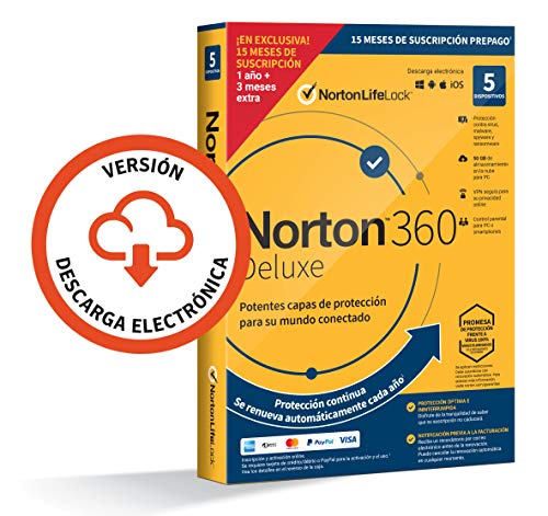 Norton 360 Deluxe 2021 - Antivirus software para 5 Dispositivos y 15 meses de suscripción con renovación automática, Secure VPN y Gestor de contraseñas, para PC, Mac tableta y smartphone