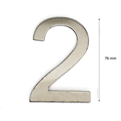 Número de la calle, número de la puerta o número de la casa, en la cifra 2, de acero inoxidable Plata brillante, con soporte adhesivo, de 76 mm de altura (2)