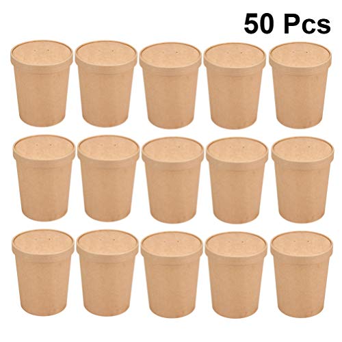 NUOBESTY Sopa Desechable Marrón Helado Contenedor Tazón de Papel para Llevar Contenedores Tarrinas Redondas Tapas Paquete de 50, 12 Oz (50 Vasos de Papel + 50 Tapa de Papel)