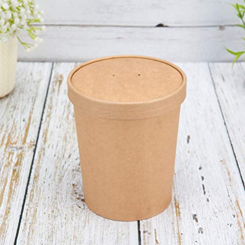 NUOBESTY Sopa Desechable Marrón Helado Contenedor Tazón de Papel para Llevar Contenedores Tarrinas Redondas Tapas Paquete de 50, 12 Oz (50 Vasos de Papel + 50 Tapa de Papel)