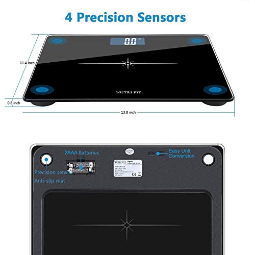 NUTRI FIT Báscula de baño digital, plataforma grande de 13.7 pulgadas, tecnología de apagado automático por pasos, 400lb/180kg, vidrio templado de 6mm y gran pantalla LCD retroiluminada(negro)