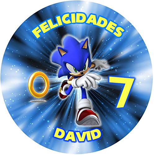 OBLEA de Sonic Personalizada con Nombre y Edad para Pastel o Tarta, Especial para cumpleaños, Medida Redonda de 20cm de diámetro