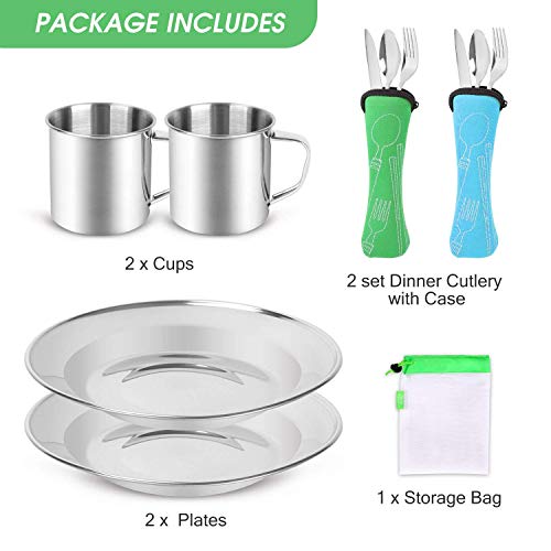 Odoland Vajilla de Acero Inoxidable 13 en 1, con Placa, Tenedor, Cuchara, Cuchillo y Bolsa de Red, Kits de Cocina para 2 Persona, Kit de Picnic, Juego de Picnic