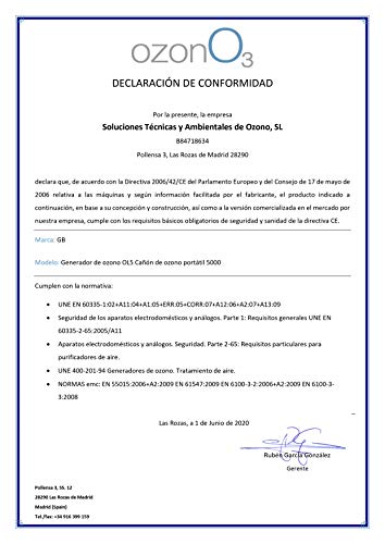 OL Generador de Ozono 5000 MG/h, Fabricado en España bajo Norma UNE 400-201-94, Garantía de 2 años y Reparaciones en 72 Horas. Purificación y Desinfección de Aire Habitaciones, Mascotas, Coches, Humo