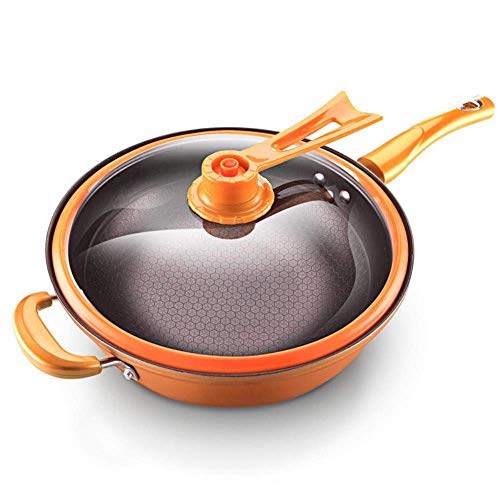 Olla de Cocina 32 cm sartén de Hierro sartén de Aislamiento Olla de vacío hirviendo cese al Fuego Olla de Salud Wok de Cocina, Tapa Dorada