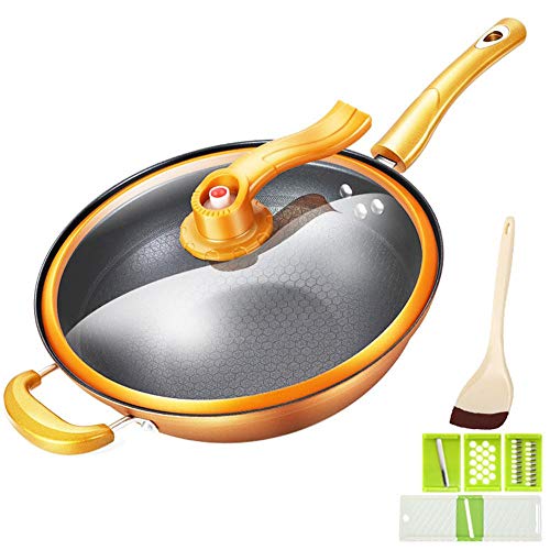 Olla de cocina de 32 cm, sartén de hierro para conservar el calor, olla al vacío, cessate el fuego, hervido, olla para la conservación de la salud, cocina, wok con montante de 32 cm dorado