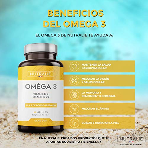 Omega 3 2000mg + Vitaminas D3 y E | 1250mg EPA-DHA por Dosis | Aceite de Pescado Altamente Concentrado 60 Cápsulas | Nutralie