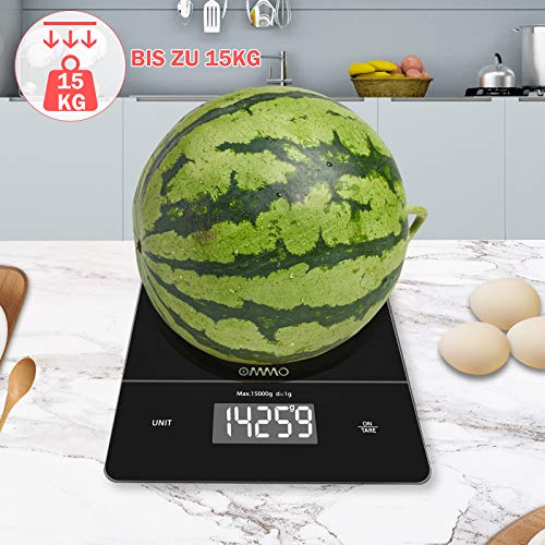 OMMO Básculas de Cocina Digitales 15 kg, Pantalla LCD, Báscula Electrónica para Alimentos, Báscula de Gramos para Cocinar y Hornear, Herramienta de Cocina de Alta Precisión, Batería Incluid