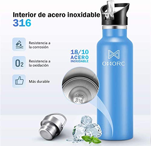 OMORC Botella Agua Acero Inoxidable, Aislada al Vacío de Conserva Frío Doble Pared, Resistencia al Rayado, sin BPA Botella Agua Deporte, para Gimnasio, Oficina, Deportes, Fácil de Limpiar