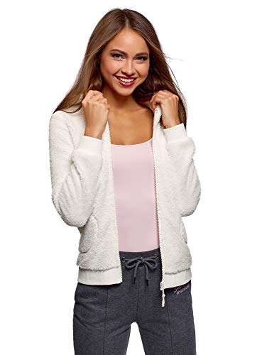 oodji Ultra Mujer Sudadera de Forro Polar con Capucha, Blanco, ES 42 / L