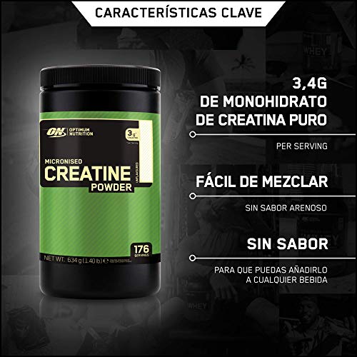 Optimum Nutrition ON Creatina Monohidrato Micronizada, Creatine en Polvo, Suplementos Deportivos para Musculacion, Sin Sabor, 176 Porciones, 634g