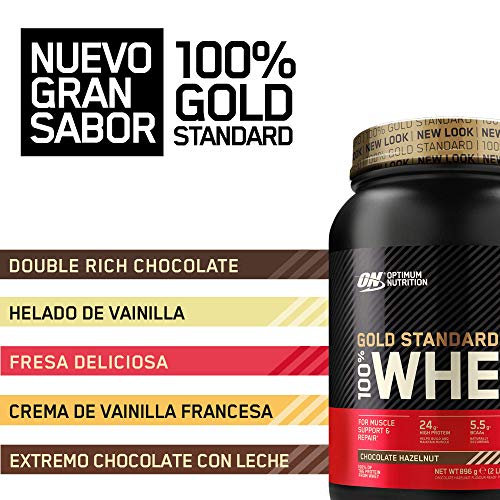 Optimum Nutrition ON Gold Standard 100% Whey Proteína en Polvo Suplementos Deportivos, Glutamina y Aminoacidos, BCAA, Chocolate y Avellana, 28 Porciones, 900g, Embalaje Puede Variar