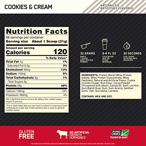 Optimum Nutrition ON Gold Standard 100% Whey Proteína en Polvo Suplementos Deportivos, Glutamina y Aminoacidos, BCAA, Galletas y Crema, 68 porciones, 2.27 kg, Embalaje puede variar