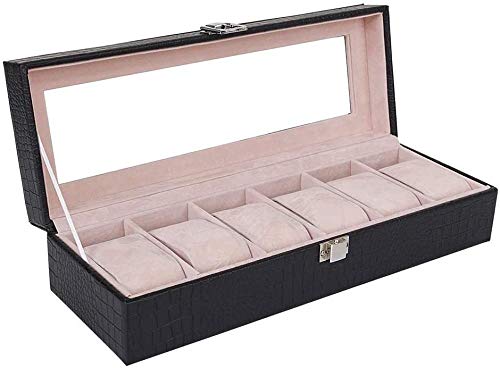 Organizador de Caja de Reloj 6 Ranuras Caja de Almacenamiento de Reloj de Cuero de PU con Pantalla de Vidrio Organizador de joyería Superior Elegancia para Hombres Cumpleaños N