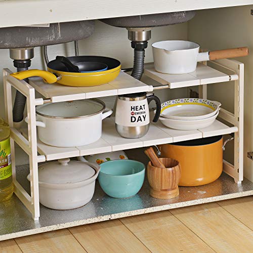 Organizador extensible para debajo del fregadero, 2 niveles, multifuncional con estantes extraíbles y tubos de acero para cocina, baño y jardín