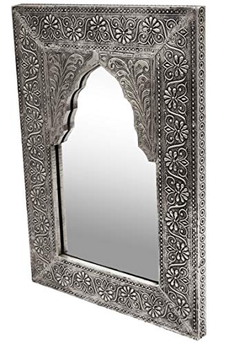 Oriente espejo espejo de pared Malik 42 cm de altura de plata | Gran espejo de la sala de Marruecos con marco de madera decorado | Espejo de baño sin iluminación como decoración oriental