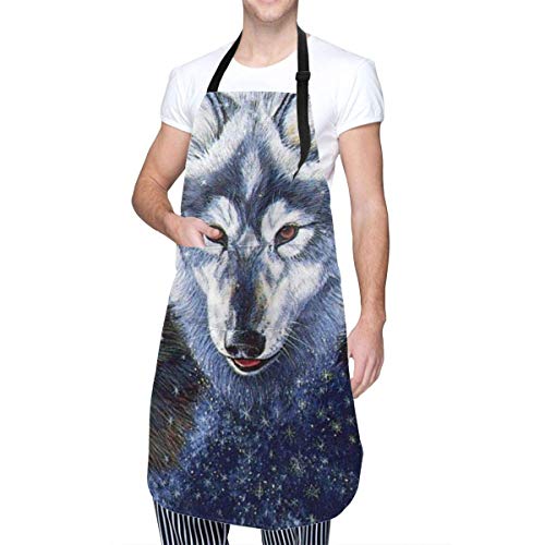 Osmykqe Dogs Magic Wolf - Delantal con bolsillo y lazos ajustables, delantal de cocina para cocinar, hornear, manualidades, jardinería