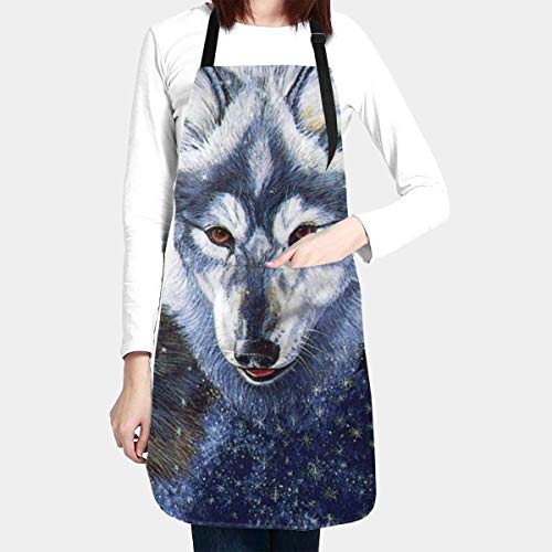 Osmykqe Dogs Magic Wolf - Delantal con bolsillo y lazos ajustables, delantal de cocina para cocinar, hornear, manualidades, jardinería