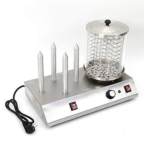 OUABYLEW Máquina de Perritos Calientes Hot Dog Maquina con 4 Pinchos, 538W, Vidrio Templado, Temperatura hasta 97 °C, Acero Inoxidable