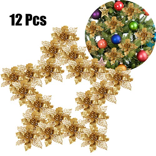 Outgeek Flores para Navidad, 12 Piezas 5.91"Flor de Navidad Artificial con Purpurina de Navidad para Árbol de Navidad Guirnalda Ornamento de la decoración del Partido (Oro)