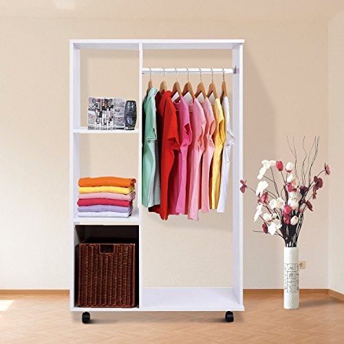 Outsunny HOMCOM Armario Abierto Colgador 80x40x128cm Colgar Ropa Madera Blanco Colgador Ruedas