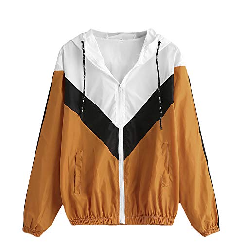 Overdose Nuevo Modelo De Moda Mujeres Manga Larga Patchwork Piel Fina Trajes con Capucha Cremallera Casual Sport Coat Sudadera con Capucha Superior (S, R-Amarillo)