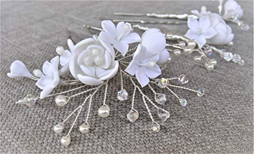 Pack de 3 Horquillas de Flores Blancas, Cristales de Swarovski. Hechas a mano con porcelana fría. Horquillas para boda. Tocado de novia.