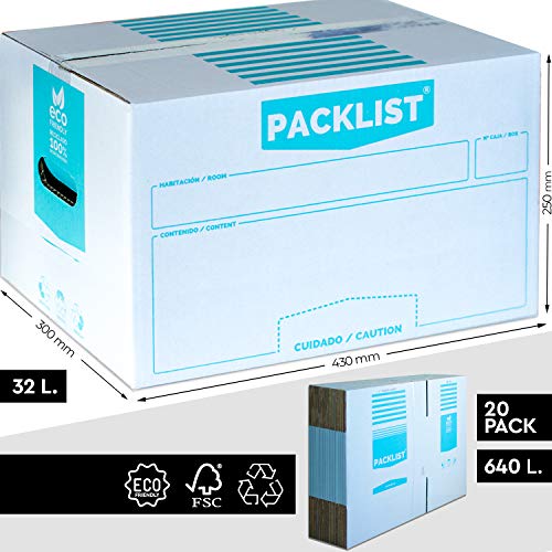 PACKLIST 20 Cajas Cartón Mudanza Personalizables + APP Inventario y PDF - Cajas Mudanza Ultra Resistentes 430x300x250mm - Cajas para Mudanzas Blancas - Caja Mudanza ECO con Certificado FSC