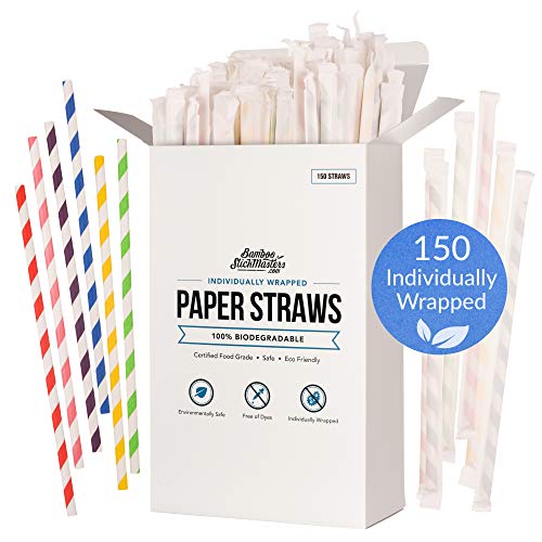 Pajitas de papel biodegradables, 150 unidades, desechables, veganas, sin plástico, para fiestas, cumpleaños, bodas, bricolaje, decoraciones, 6 colores brillantes, ecológicas