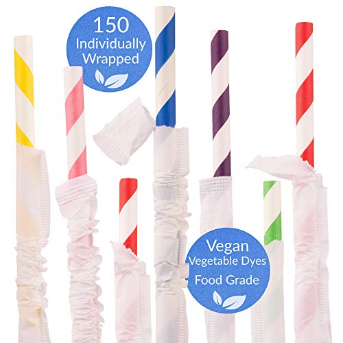 Pajitas de papel biodegradables, 150 unidades, desechables, veganas, sin plástico, para fiestas, cumpleaños, bodas, bricolaje, decoraciones, 6 colores brillantes, ecológicas